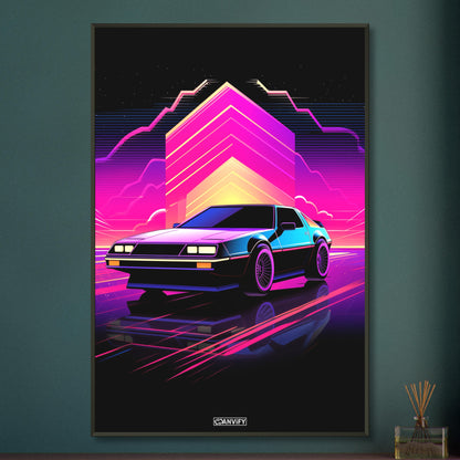 DeLorean DMC-12 aus dem Film Zurück in die Zukunft im einfachen Retrodesign und Blau und Lila Farbtönen auf einem Poster im Metallrahmen