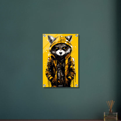 Waschbär mit gelber Jacke auf einem Acrylbild