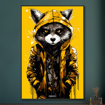 Waschbär mit gelber Jacke auf einem Poster im Metallrahmen