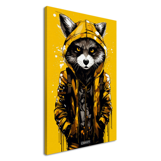 Waschbär mit gelber Jacke auf einer Leinwand