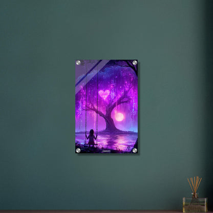 Kleines Mädchen schaukelt im Mondlicht auf einem Acrylbild