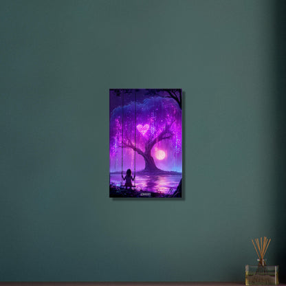 Kleines Mädchen schaukelt im Mondlicht auf einer Leinwand