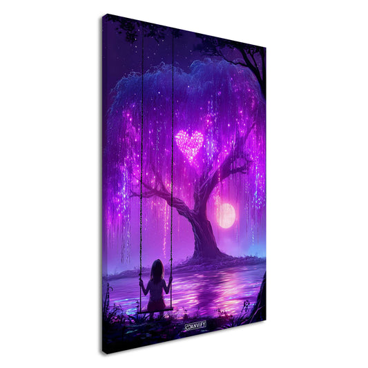 Kleines Mädchen schaukelt im Mondlicht auf einer Leinwand