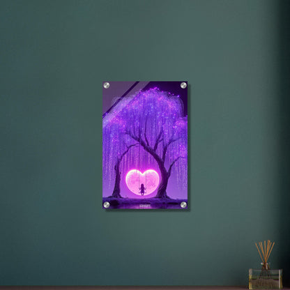 Junges Mädchen schaukelt im Licht eines herzförmigen Mondes auf einem Acrylbild