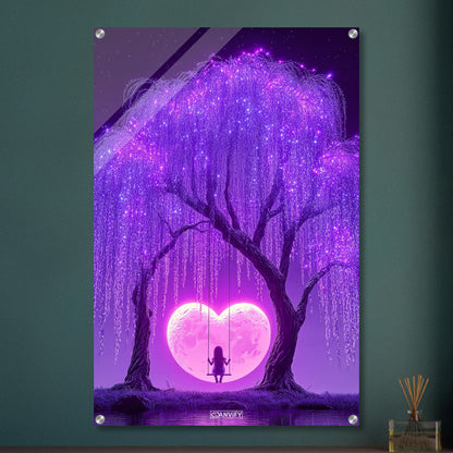 Junges Mädchen schaukelt im Licht eines herzförmigen Mondes auf einem Acrylbild