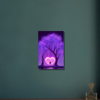 Junges Mädchen schaukelt im Licht eines herzförmigen Mondes auf einer Leinwand