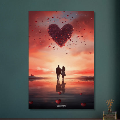 Mann und Frau stehen Hand in Hand auf dem Wasser und blicken in den Sonnenuntergang, über ihnen fliegt ein Herz mit kleinen Herzen auf einer Leinwand