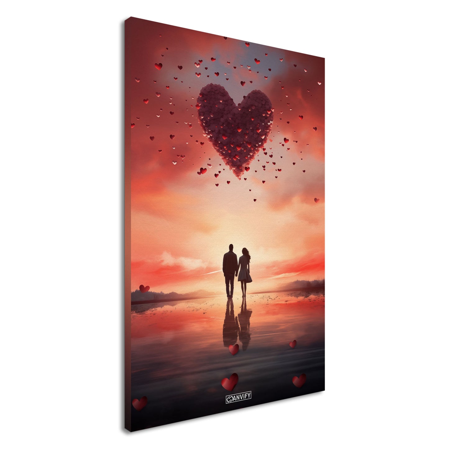 Mann und Frau stehen Hand in Hand auf dem Wasser und blicken in den Sonnenuntergang, über ihnen fliegt ein Herz mit kleinen Herzen auf einer Leinwand
