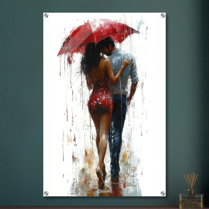 Frau im roten Kleid und einem roten Regenschirm mit einem Mann im Hemd im Regen auf einem Acrylbild