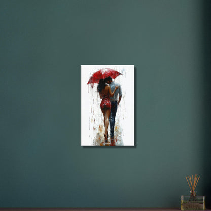 Frau im roten Kleid und einem roten Regenschirm mit einem Mann im Hemd im Regen auf einer Leinwand