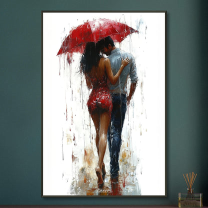 Frau im roten Kleid und einem roten Regenschirm mit einem Mann im Hemd im Regen auf einem Poster im Metallrahmen