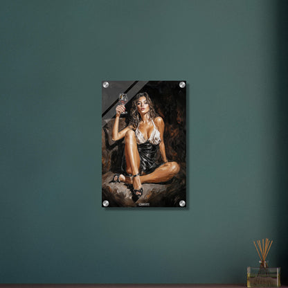 Sexy dunkelhaarige Frau mit einem Rotweinglas auf einem Acrylbild