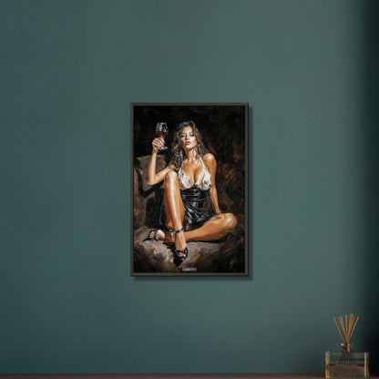 Sexy dunkelhaarige Frau mit einem Rotweinglas auf einem Poster im Metallrahmen