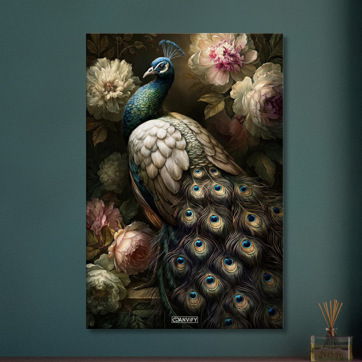 Pfau mit Pfingstrosen im Stil eines Vintage Ölgemäldes auf einer Leinwand