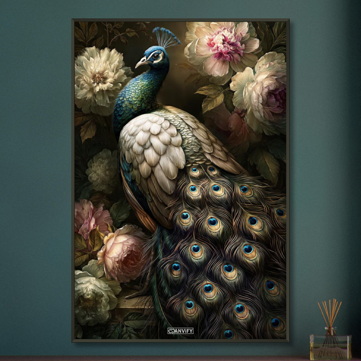 Pfau mit Pfingstrosen im Stil eines Vintage Ölgemäldes auf einem Poster im Metallrahmen