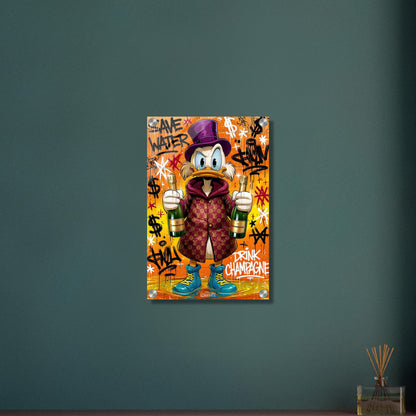 Dagobert Duck mit Luxusmantel und Champagnerflaschen in den Händen und mit Spruch 'Save Water Drink Champagne' im Graffiti Street Art Stil auf einem Acrylbild