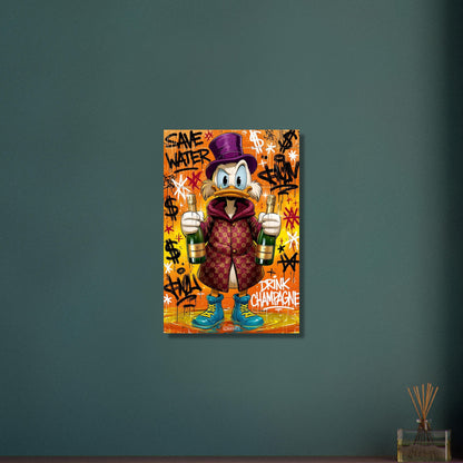 Dagobert Duck mit Luxusmantel und Champagnerflaschen in den Händen und mit Spruch 'Save Water Drink Champagne' im Graffiti Street Art Stil auf Aluminium