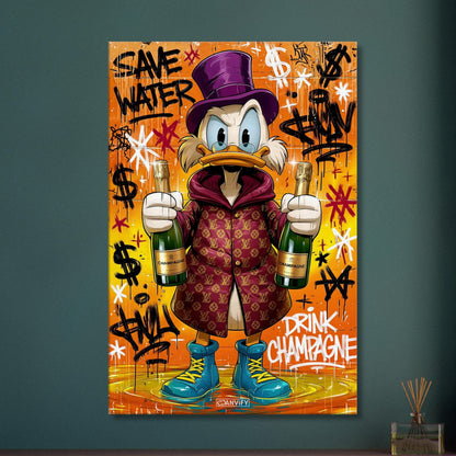 Dagobert Duck mit Luxusmantel und Champagnerflaschen in den Händen und mit Spruch 'Save Water Drink Champagne' im Graffiti Street Art Stil auf einer Leinwand