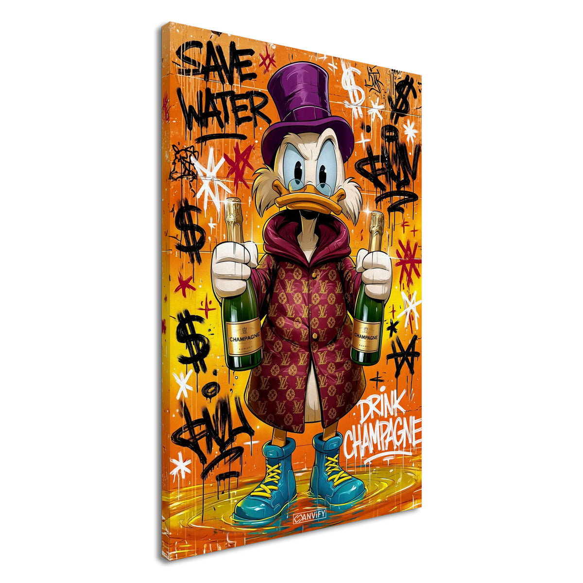 Dagobert Duck mit Luxusmantel und Champagnerflaschen in den Händen und mit Spruch 'Save Water Drink Champagne' im Graffiti Street Art Stil auf einer Leinwand