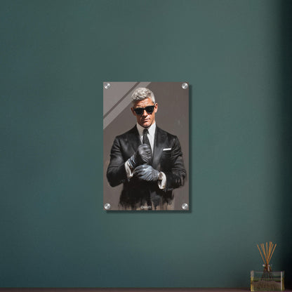 Seriöser Geschäftsmann mit Sonnenbrille und Handschuhen auf einem Acrylbild