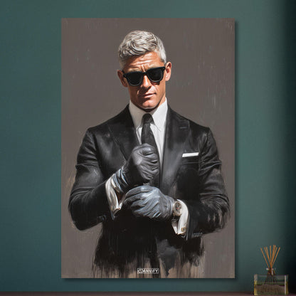 Seriöser Geschäftsmann mit Sonnenbrille und Handschuhen auf Aluminium