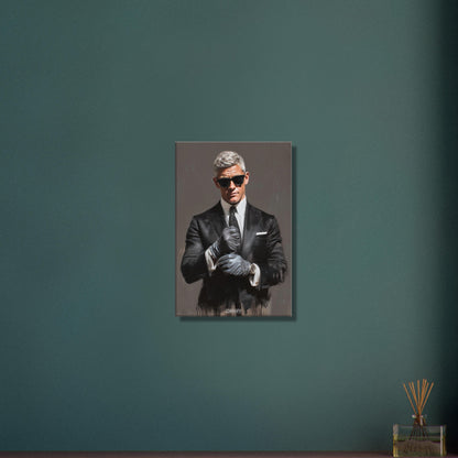 Seriöser Geschäftsmann mit Sonnenbrille und Handschuhen auf einer Leinwand