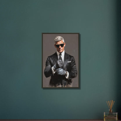 Seriöser Geschäftsmann mit Sonnenbrille und Handschuhen auf einem Poster im Metallrahmen