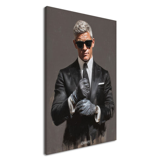 Seriöser Geschäftsmann mit Sonnenbrille und Handschuhen auf einer Leinwand