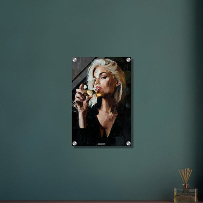 Sexy blonde Geschäftsfrau mit einem Weinglas gemalt mit Acrylfarben auf einem Acrylbild