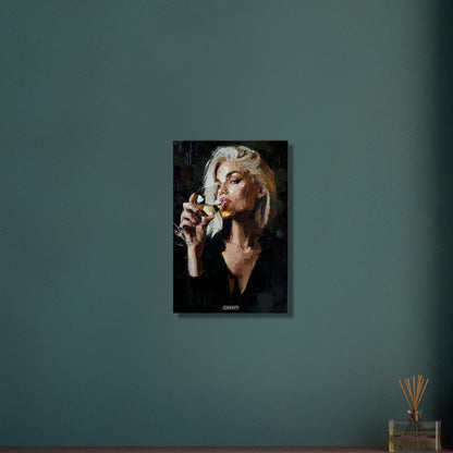 Sexy blonde Geschäftsfrau mit einem Weinglas gemalt mit Acrylfarben auf einer Leinwand