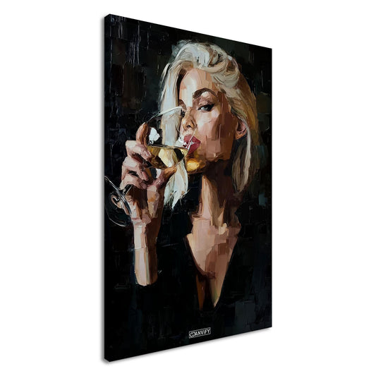 Sexy blonde Geschäftsfrau mit einem Weinglas gemalt mit Acrylfarben auf einer Leinwand