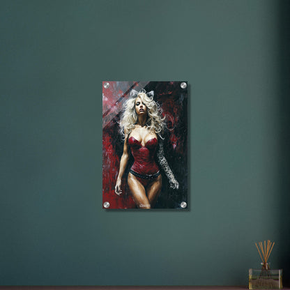 Sexy blonde Frau im roten Bodysuit und Katzenohren auf einem Acrylbild