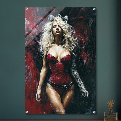 Sexy blonde Frau im roten Bodysuit und Katzenohren auf einem Acrylbild