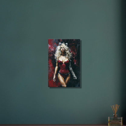 Sexy blonde Frau im roten Bodysuit und Katzenohren auf einer Leinwand