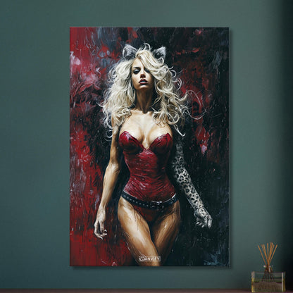 Sexy blonde Frau im roten Bodysuit und Katzenohren auf einer Leinwand