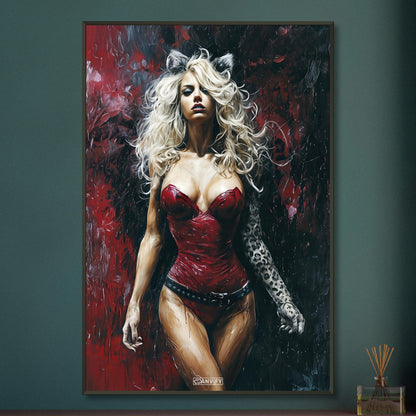 Sexy blonde Frau im roten Bodysuit und Katzenohren auf einem Poster im Metallrahmen