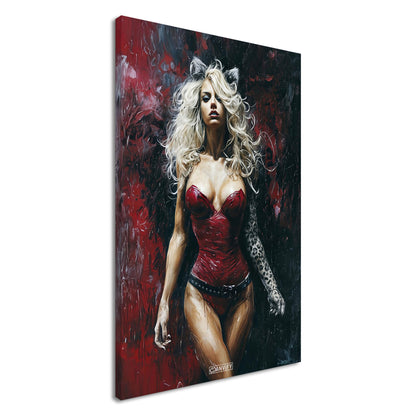 Sexy blonde Frau im roten Bodysuit und Katzenohren auf einer Leinwand