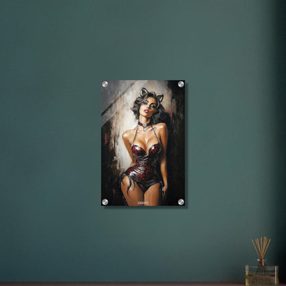 Sexy dunkelhaarige Frau mit Katzenohren und in dunkelroter Unterwäsche auf einem Acrylbild