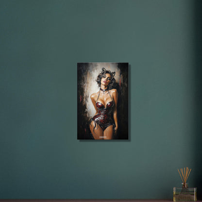 Sexy dunkelhaarige Frau mit Katzenohren und in dunkelroter Unterwäsche auf einer Leinwand