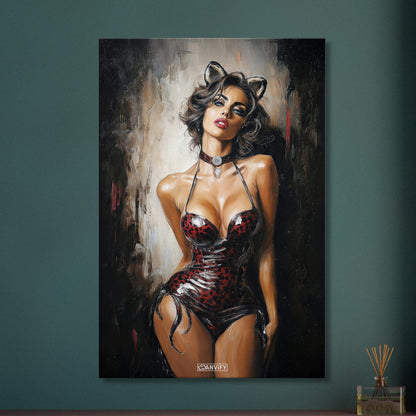 Sexy dunkelhaarige Frau mit Katzenohren und in dunkelroter Unterwäsche auf einer Leinwand