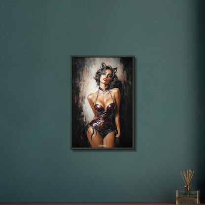 Sexy dunkelhaarige Frau mit Katzenohren und in dunkelroter Unterwäsche auf einem Poster im Metallrahmen