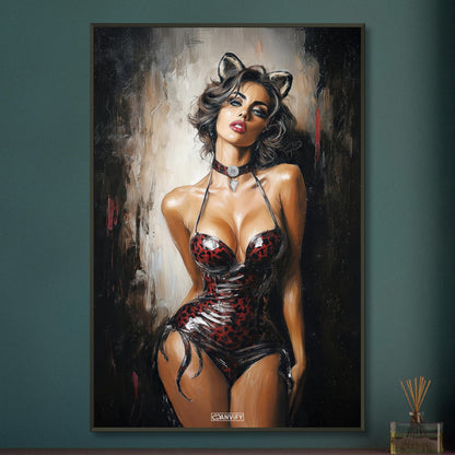 Sexy dunkelhaarige Frau mit Katzenohren und in dunkelroter Unterwäsche auf einem Poster im Metallrahmen