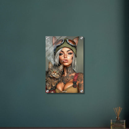Sexy Frau mit einer Fliegerkappe mit Katzenohren, Tattoos und einer Katze in der Tasche auf einem Acrylbild