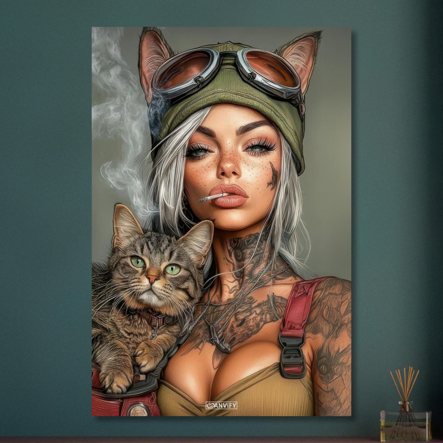 Sexy Frau mit einer Fliegerkappe mit Katzenohren, Tattoos und einer Katze in der Tasche auf Aluminium