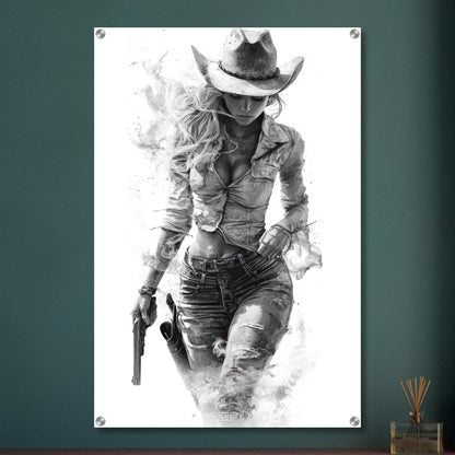 Sexy verführerisches und rebellisches Cowgirl in Schwarz und Weiß auf einem Acrylbild