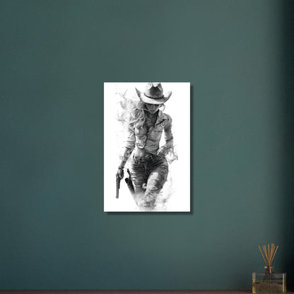 Sexy verführerisches und rebellisches Cowgirl in Schwarz und Weiß auf Aluminium