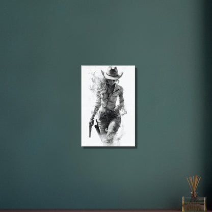 Sexy verführerisches und rebellisches Cowgirl in Schwarz und Weiß auf einer Leinwand