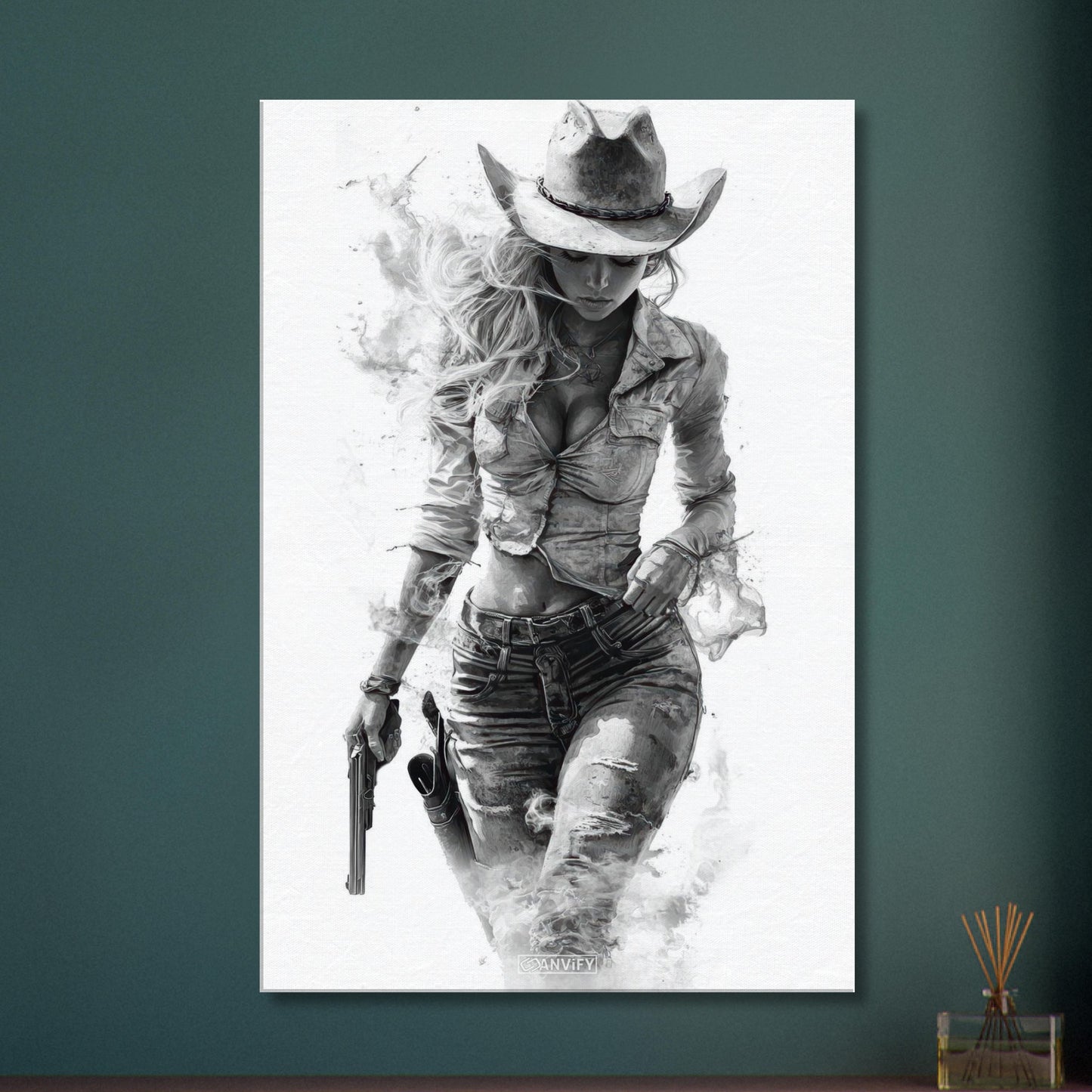 Sexy verführerisches und rebellisches Cowgirl in Schwarz und Weiß auf einer Leinwand