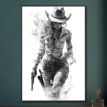 Sexy verführerisches und rebellisches Cowgirl in Schwarz und Weiß auf einem Poster im Metallrahmen