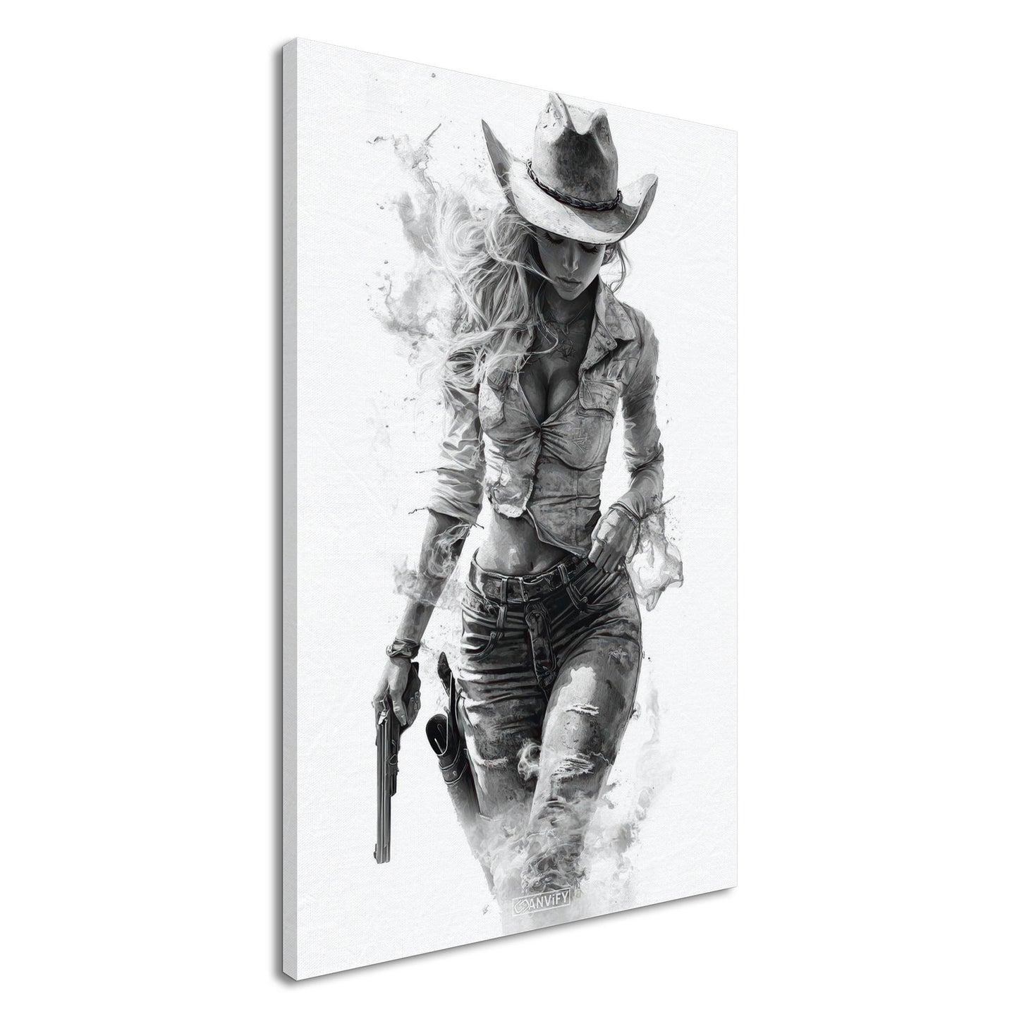 Sexy verführerisches und rebellisches Cowgirl in Schwarz und Weiß auf einer Leinwand